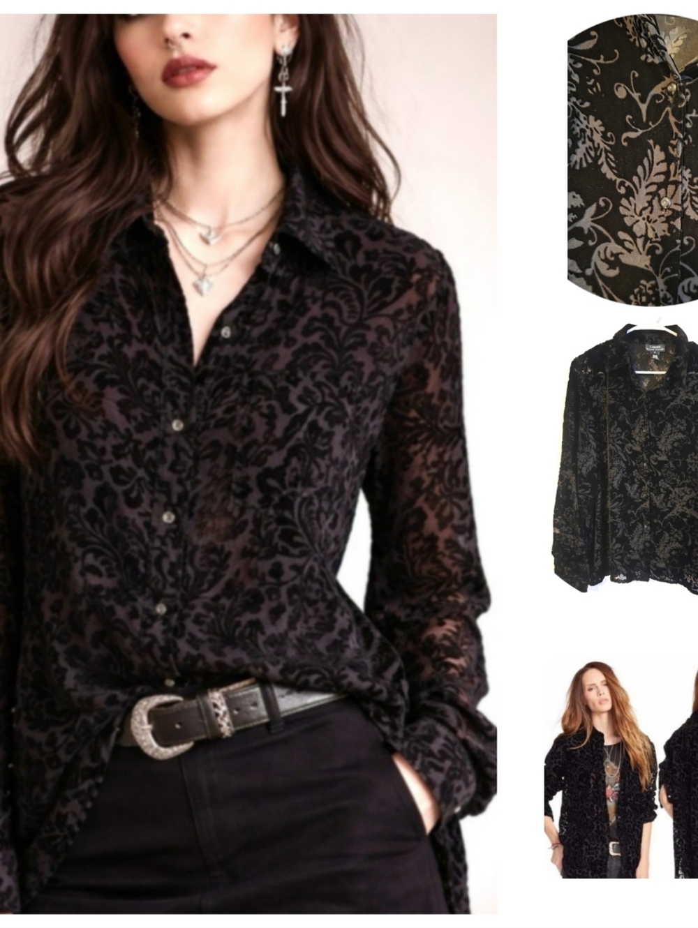 LAUREN Ralph Lauren Classic Gothic Floral Burnout Button-Down Top - Black XL